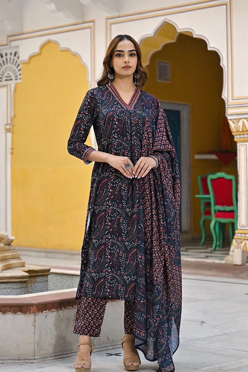 Navy Blue Rayon Blend Floral Printed Straight Suit Set VKSKD2292