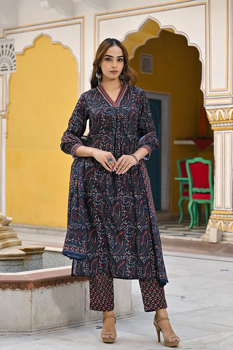 Navy Blue Rayon Blend Floral Printed Straight Suit Set VKSKD2292