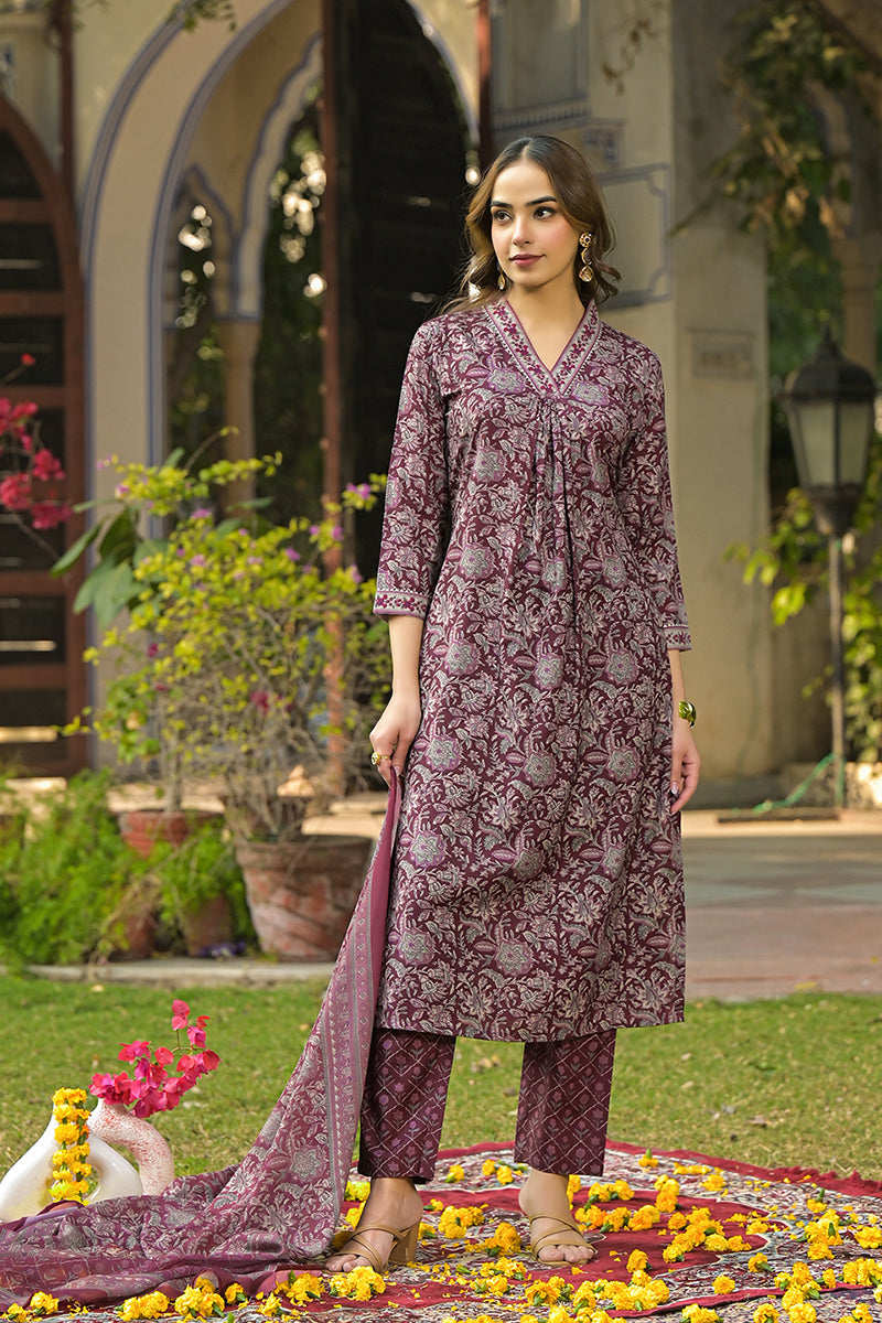 Burgundy Rayon Blend Floral Printed Straight Suit Set VKSKD2293