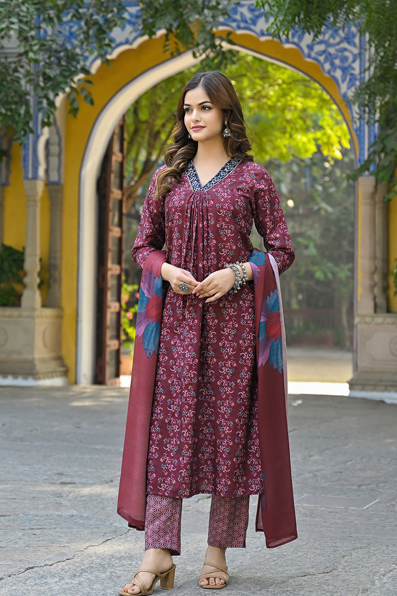 Maroon Rayon Blend Floral Printed Straight Suit Set VKSKD2296