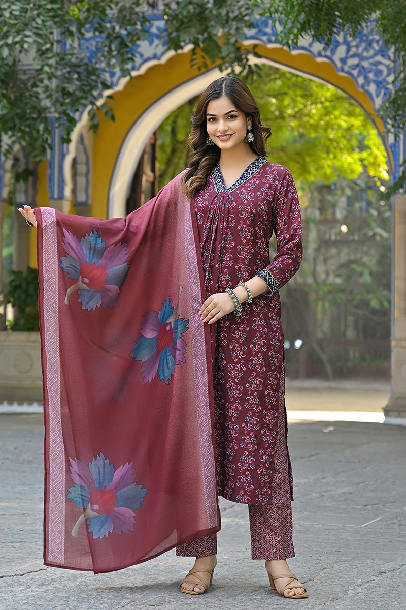 Maroon Rayon Blend Floral Printed Straight Suit Set VKSKD2296