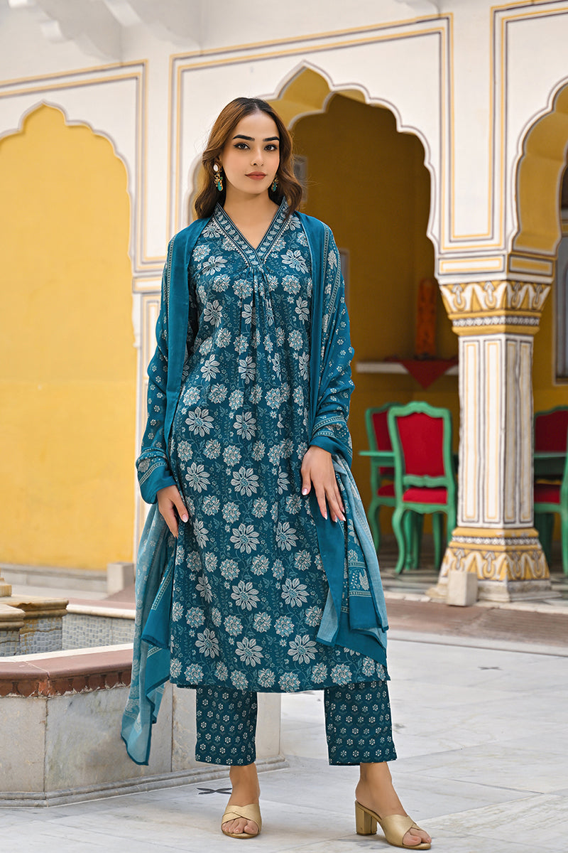 Blue Rayon Blend Floral Printed Straight Suit Set VKSKD2294