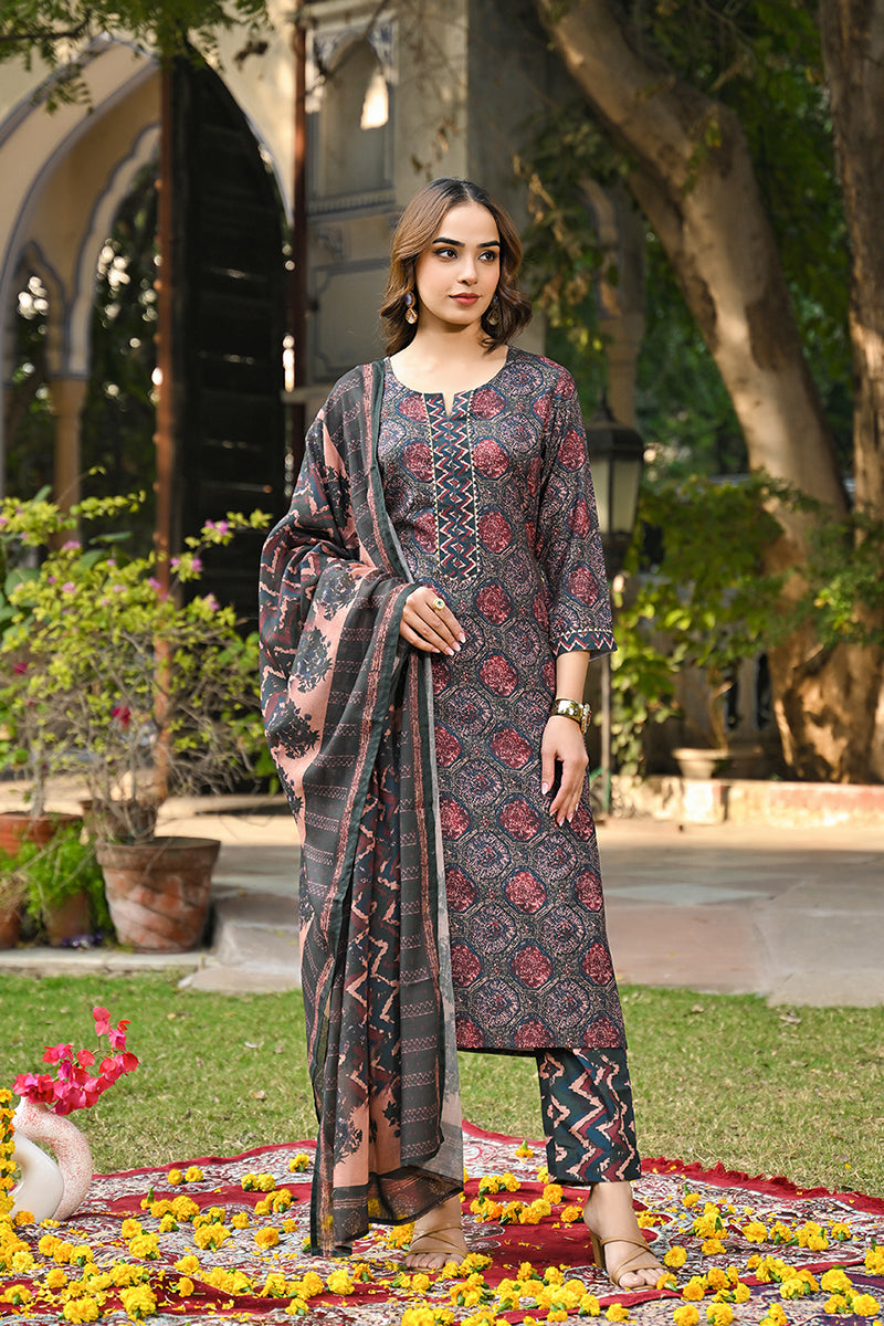 Multi Color Cotton Blend Floral Printed Straight Suit Set VKSKD2299