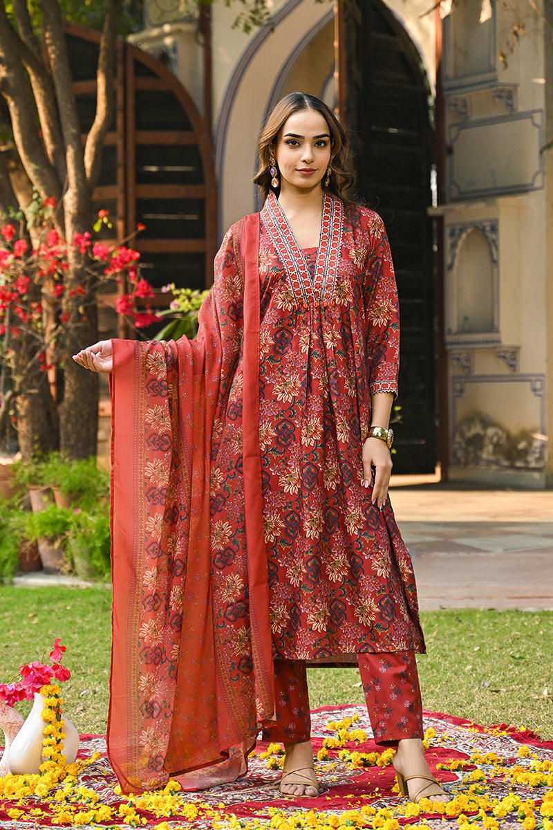 Red Rayon Blend Floral Printed Straight Suit Set VKSKD2300