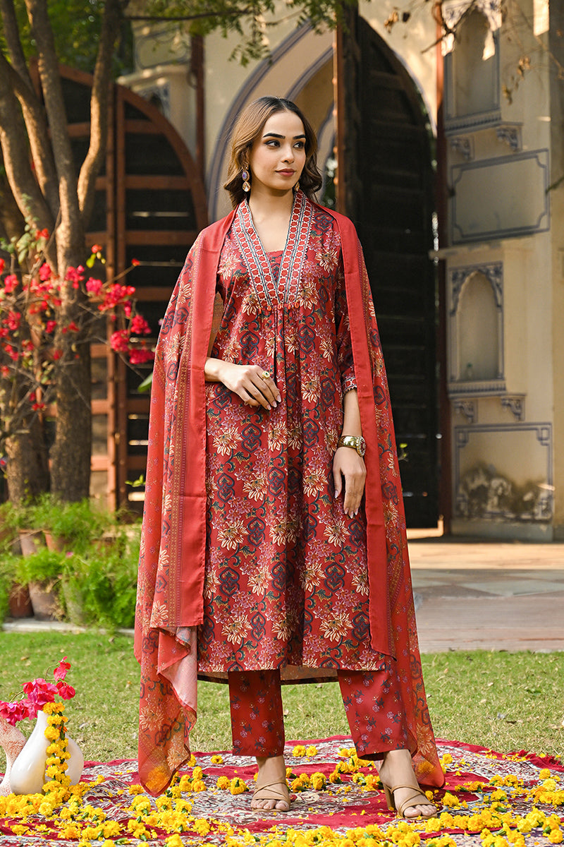 Red Rayon Blend Floral Printed Straight Suit Set VKSKD2300