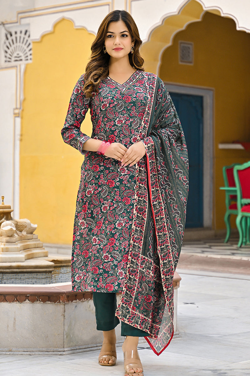 Green Rayon Blend Floral Printed Straight Kurta Trousers With Dupatta VKSKD2301