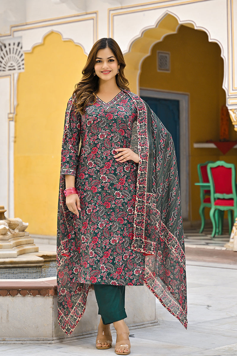 Green Rayon Blend Floral Printed Straight Kurta Trousers With Dupatta VKSKD2301