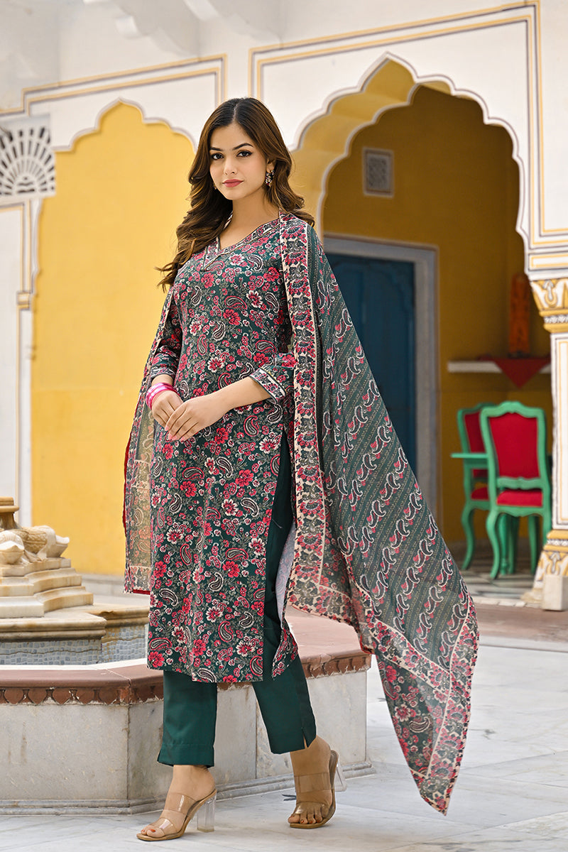 Green Rayon Blend Floral Printed Straight Kurta Trousers With Dupatta VKSKD2301