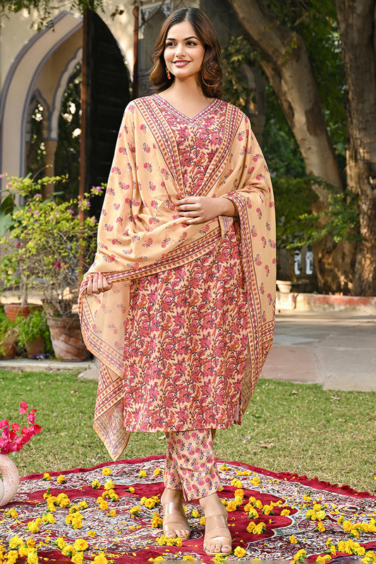 Pink Rayon Blend Floral Printed Straight Kurta Suit Set VKSKD2304