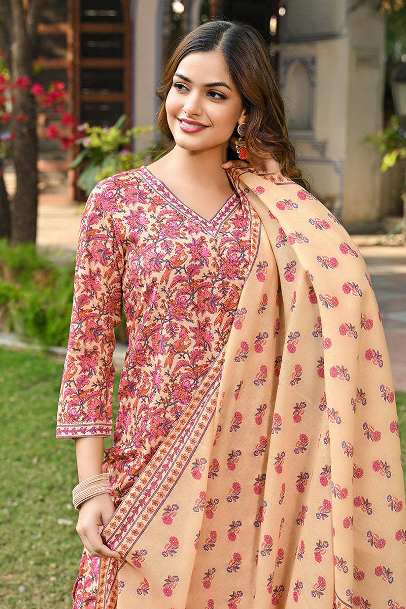 Pink Rayon Blend Floral Printed Straight Kurta Suit Set VKSKD2304