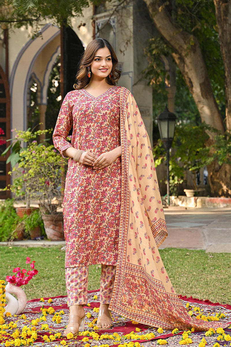 Pink Rayon Blend Floral Printed Straight Kurta Suit Set VKSKD2304
