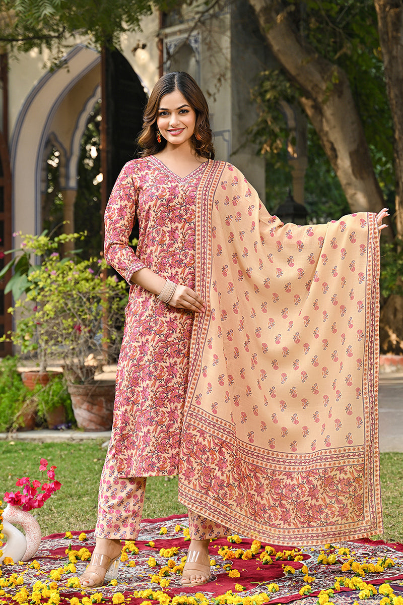 Pink Rayon Blend Floral Printed Straight Kurta Suit Set VKSKD2304