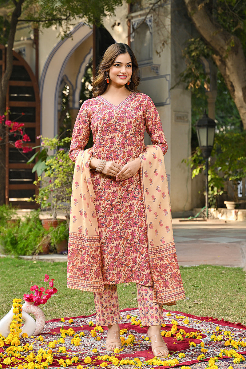 Pink Rayon Blend Floral Printed Straight Kurta Suit Set VKSKD2304