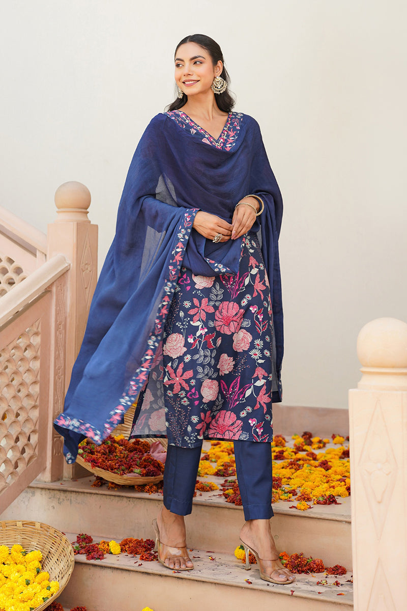 Blue Rayon Blend Floral Printed Straight Kurta Trouser With Dupatta VKSKD2306