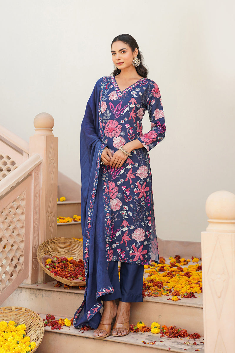 Blue Rayon Blend Floral Printed Straight Kurta Trouser With Dupatta VKSKD2306