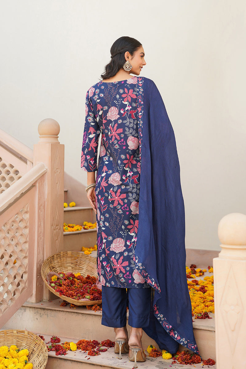 Blue Rayon Blend Floral Printed Straight Kurta Trouser With Dupatta VKSKD2306