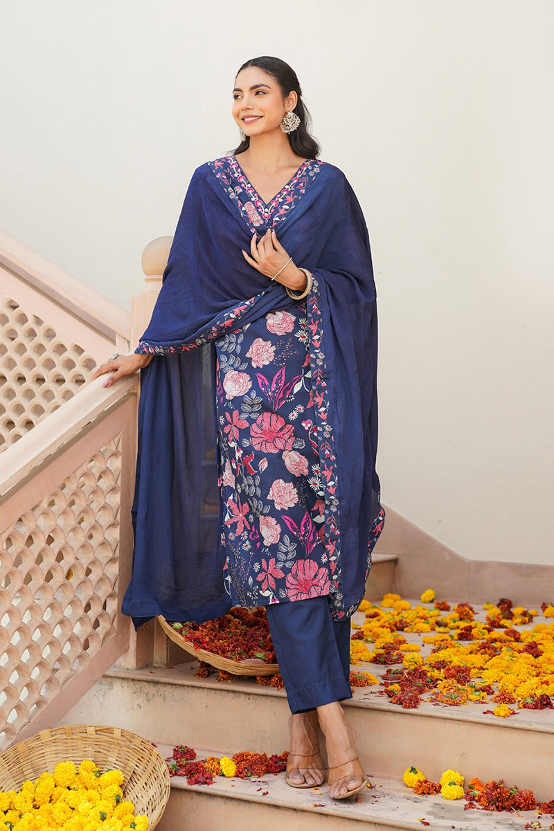 Blue Rayon Blend Floral Printed Straight Kurta Trouser With Dupatta VKSKD2306