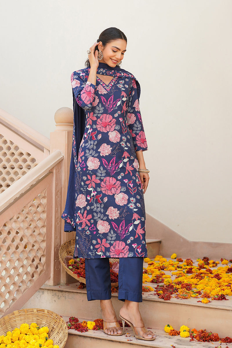 Blue Rayon Blend Floral Printed Straight Kurta Trouser With Dupatta VKSKD2306