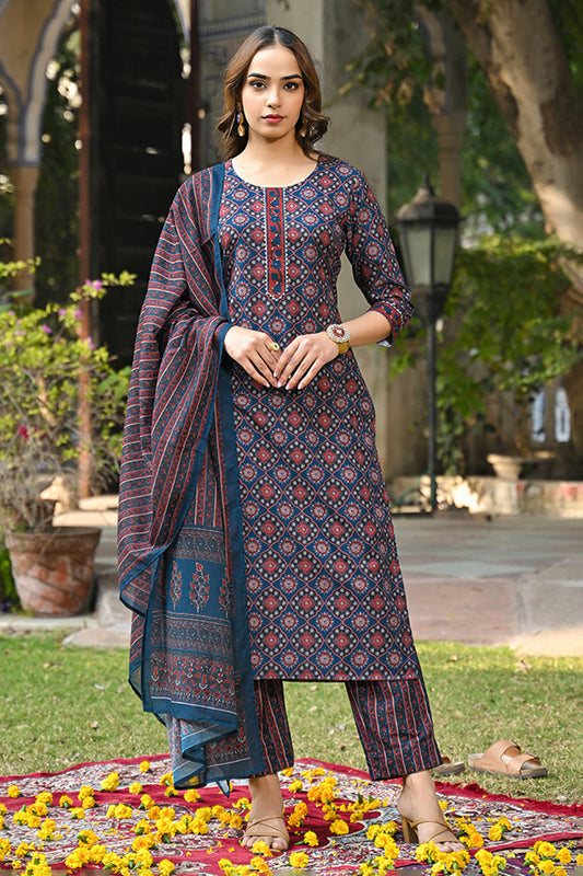 Blue Rayon Blend Ajrakh Printed Straight Suit Set VKSKD2308