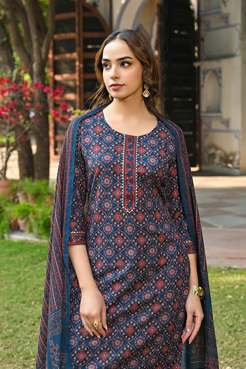 Blue Rayon Blend Ajrakh Printed Straight Suit Set VKSKD2308