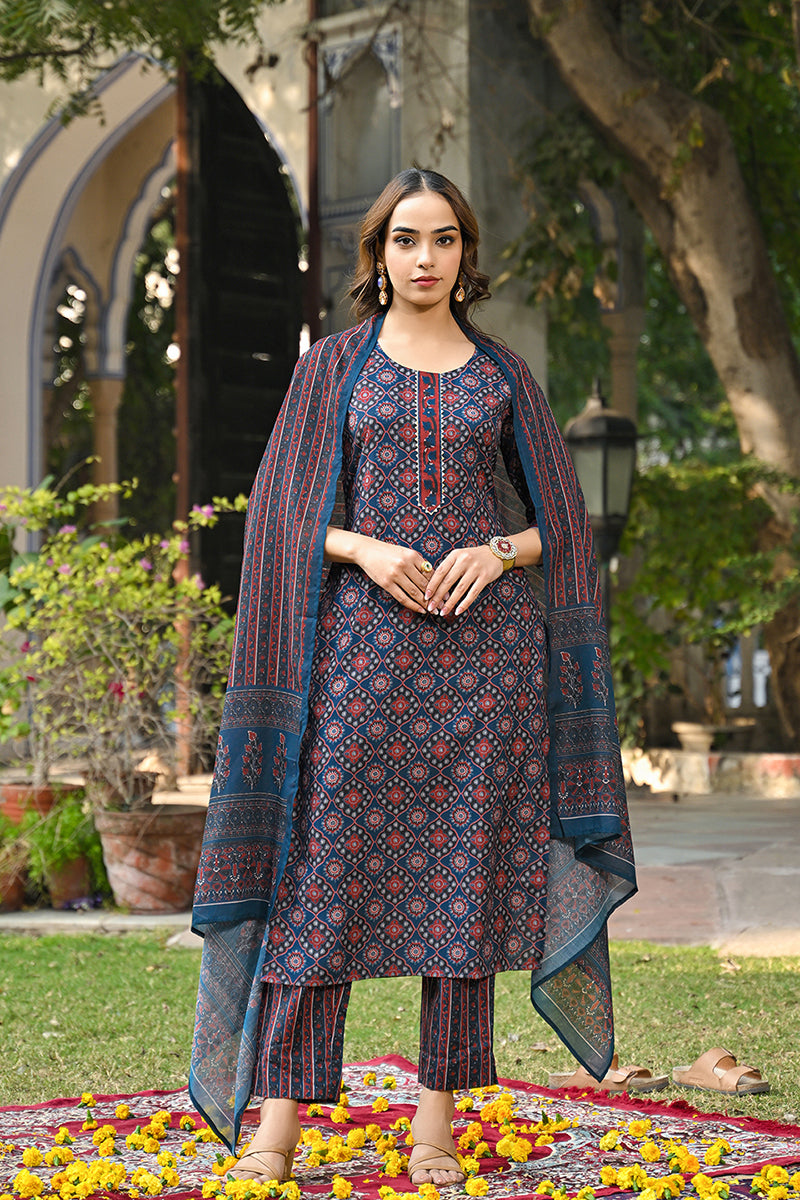 Blue Rayon Blend Ajrakh Printed Straight Suit Set VKSKD2308