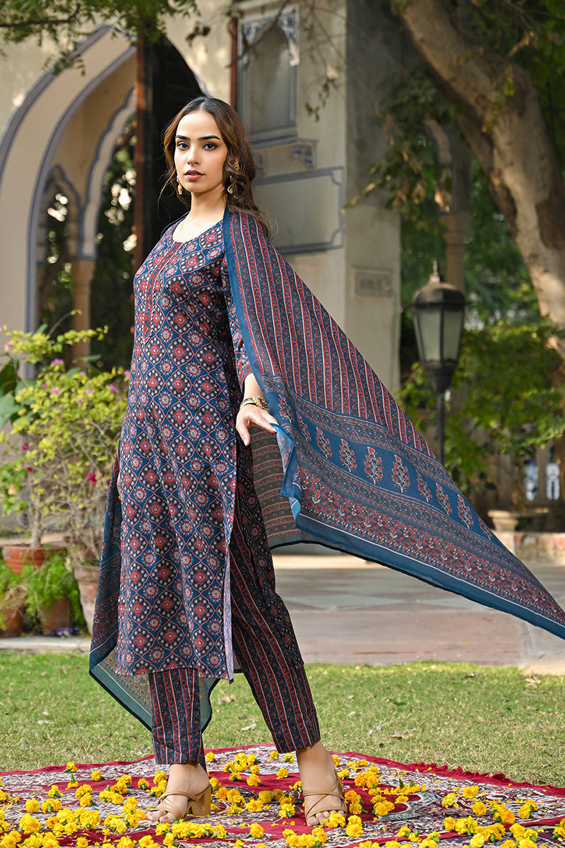 Blue Rayon Blend Ajrakh Printed Straight Suit Set VKSKD2308