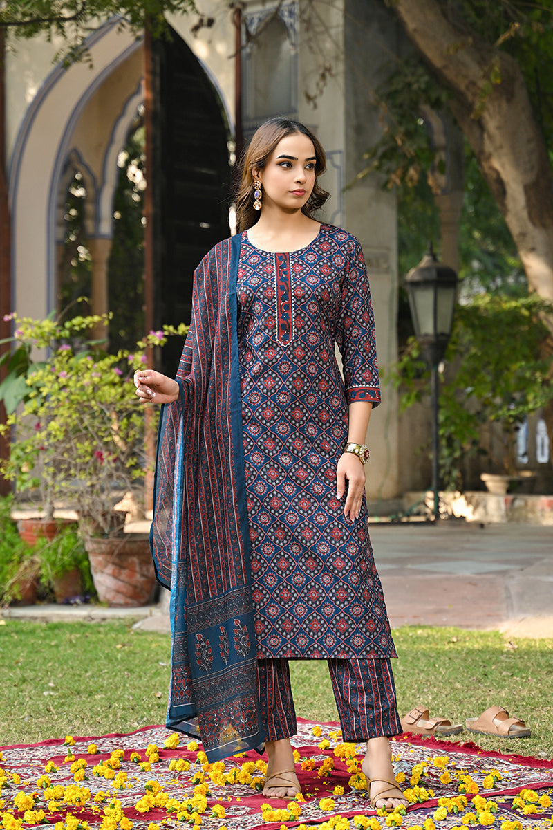 Blue Rayon Blend Ajrakh Printed Straight Suit Set VKSKD2308