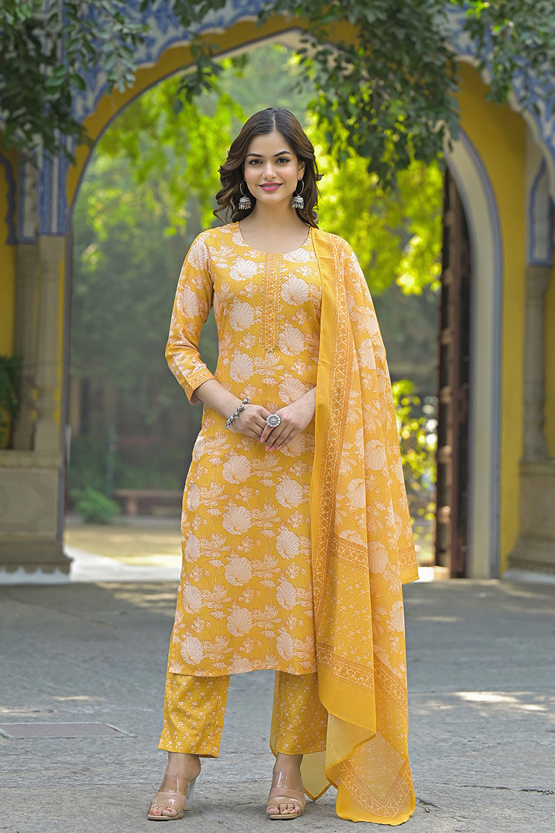 Yellow Rayon Blend Floral Printed Straight Kurta Suit Set VKSKD2309