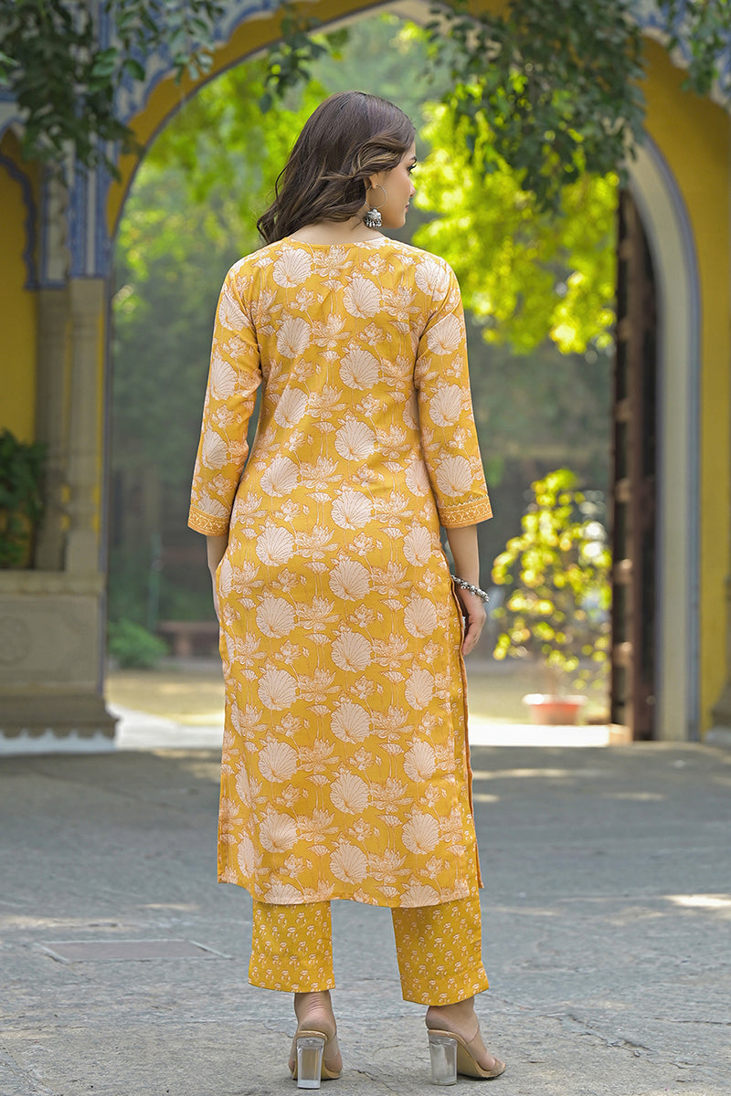 Yellow Rayon Blend Floral Printed Straight Kurta Suit Set VKSKD2309