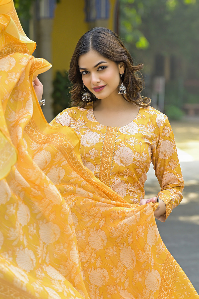 Yellow Rayon Blend Floral Printed Straight Kurta Suit Set VKSKD2309
