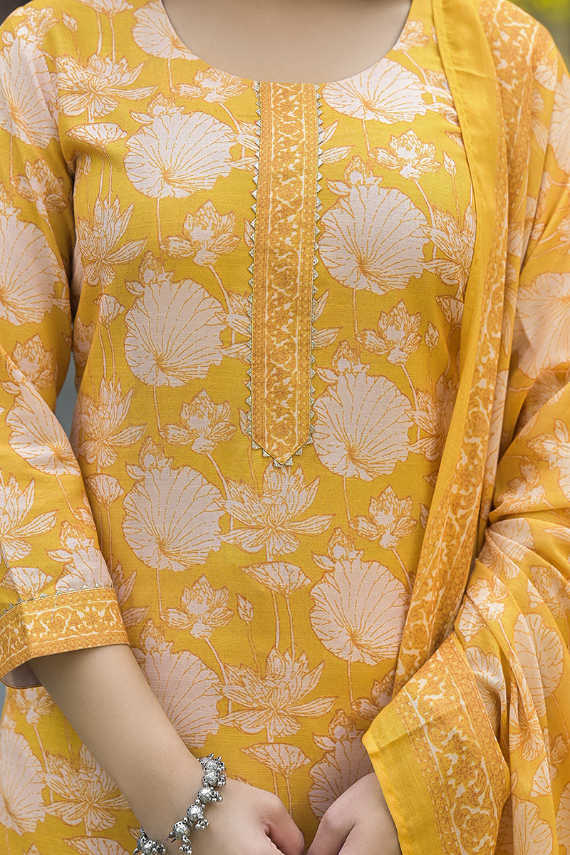 Yellow Rayon Blend Floral Printed Straight Kurta Suit Set VKSKD2309