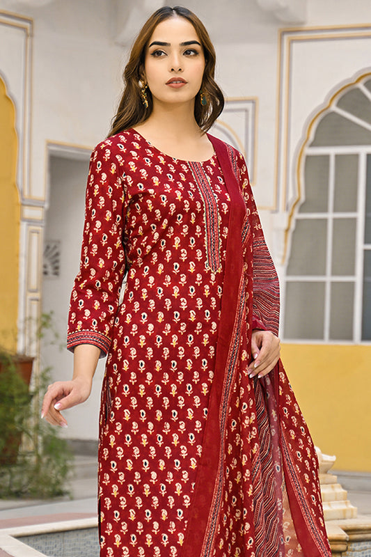 Maroon Rayon Blend Ethnic Motifs Straight Suit Set VKSKD2311