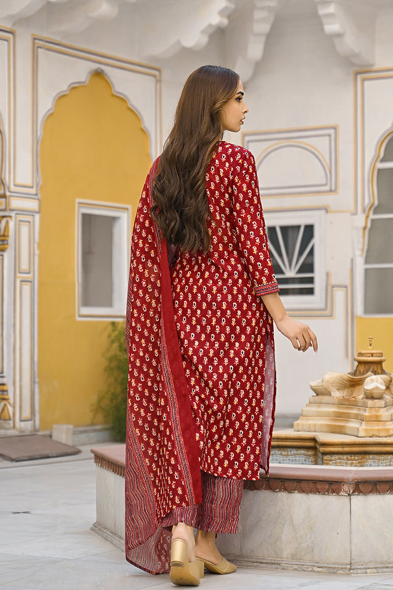 Maroon Rayon Blend Ethnic Motifs Straight Suit Set VKSKD2311