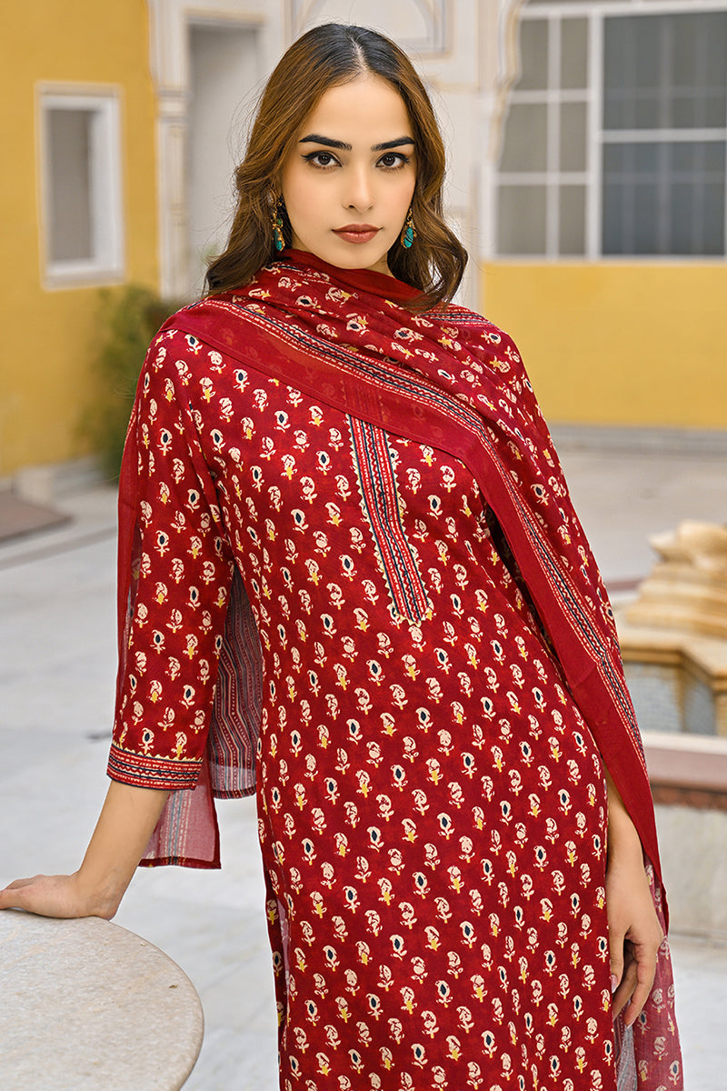 Maroon Rayon Blend Ethnic Motifs Straight Suit Set VKSKD2311