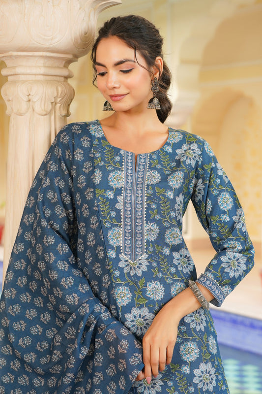 Blue Rayon Blend Floral Printed Straight Kurta Trouser With Dupatta VKSKD2312