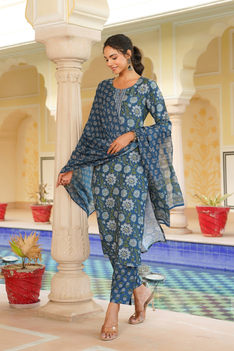 Blue Rayon Blend Floral Printed Straight Kurta Trouser With Dupatta VKSKD2312