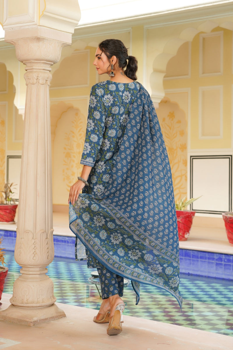 Blue Rayon Blend Floral Printed Straight Kurta Trouser With Dupatta VKSKD2312