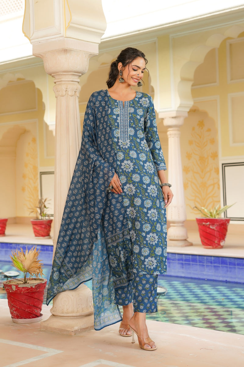 Blue Rayon Blend Floral Printed Straight Kurta Trouser With Dupatta VKSKD2312