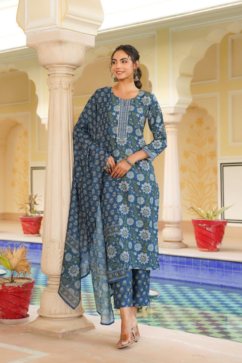 Blue Rayon Blend Floral Printed Straight Kurta Trouser With Dupatta VKSKD2312