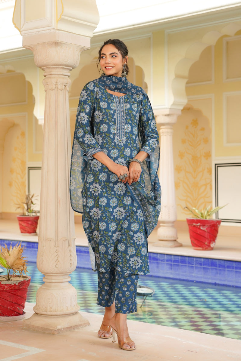 Blue Rayon Blend Floral Printed Straight Kurta Trouser With Dupatta VKSKD2312