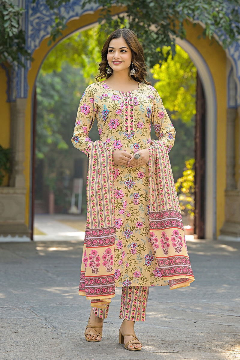 Yellow Rayon Blend Floral Printed Straight Suit Set VKSKD2314