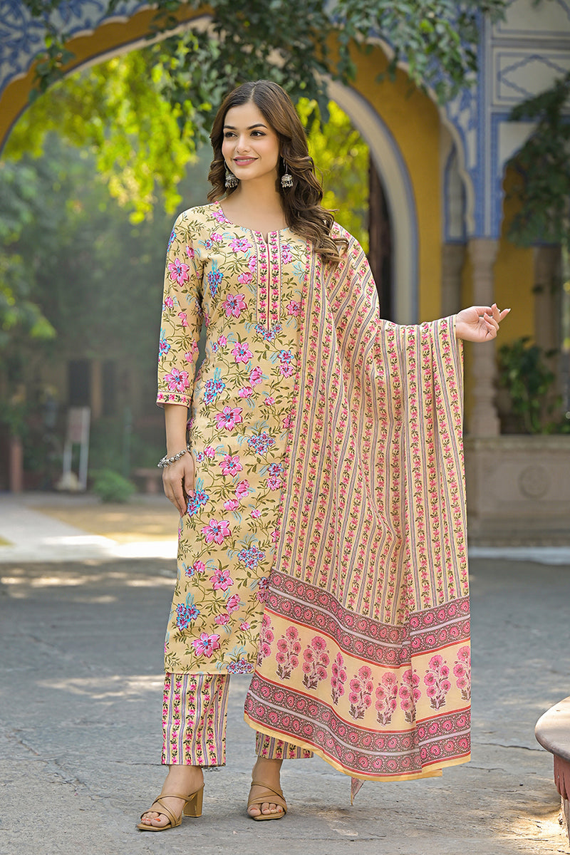 Yellow Rayon Blend Floral Printed Straight Suit Set VKSKD2314