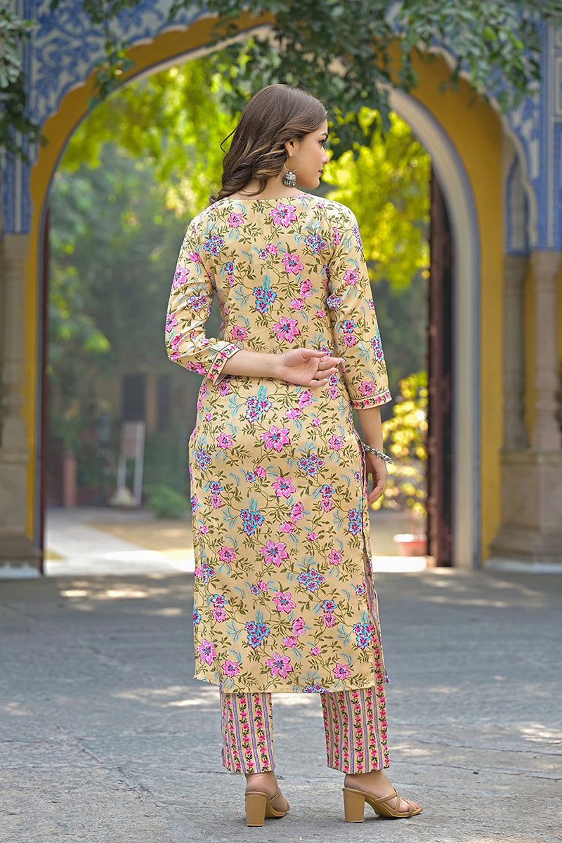 Yellow Rayon Blend Floral Printed Straight Suit Set VKSKD2314