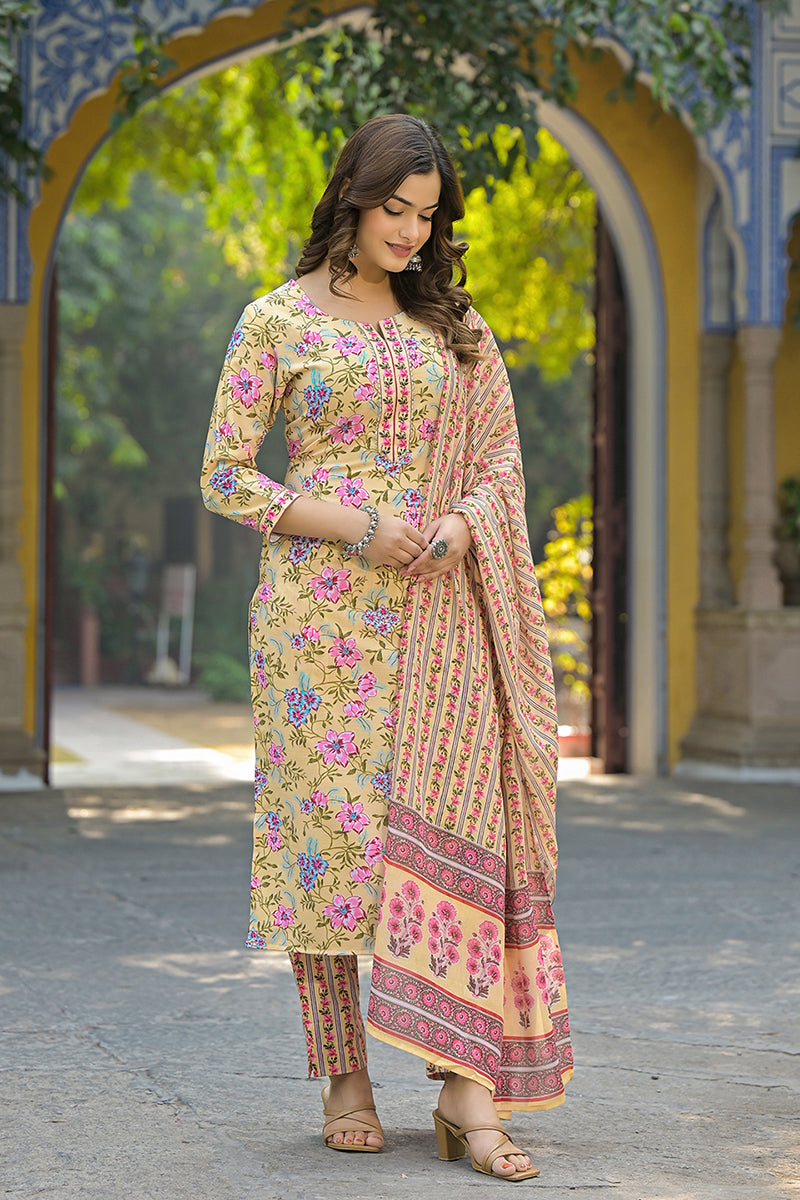 Yellow Rayon Blend Floral Printed Straight Suit Set VKSKD2314