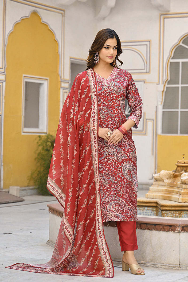 Red Rayon Blend Paisley Printed Straight Suit Set VKSKD2317