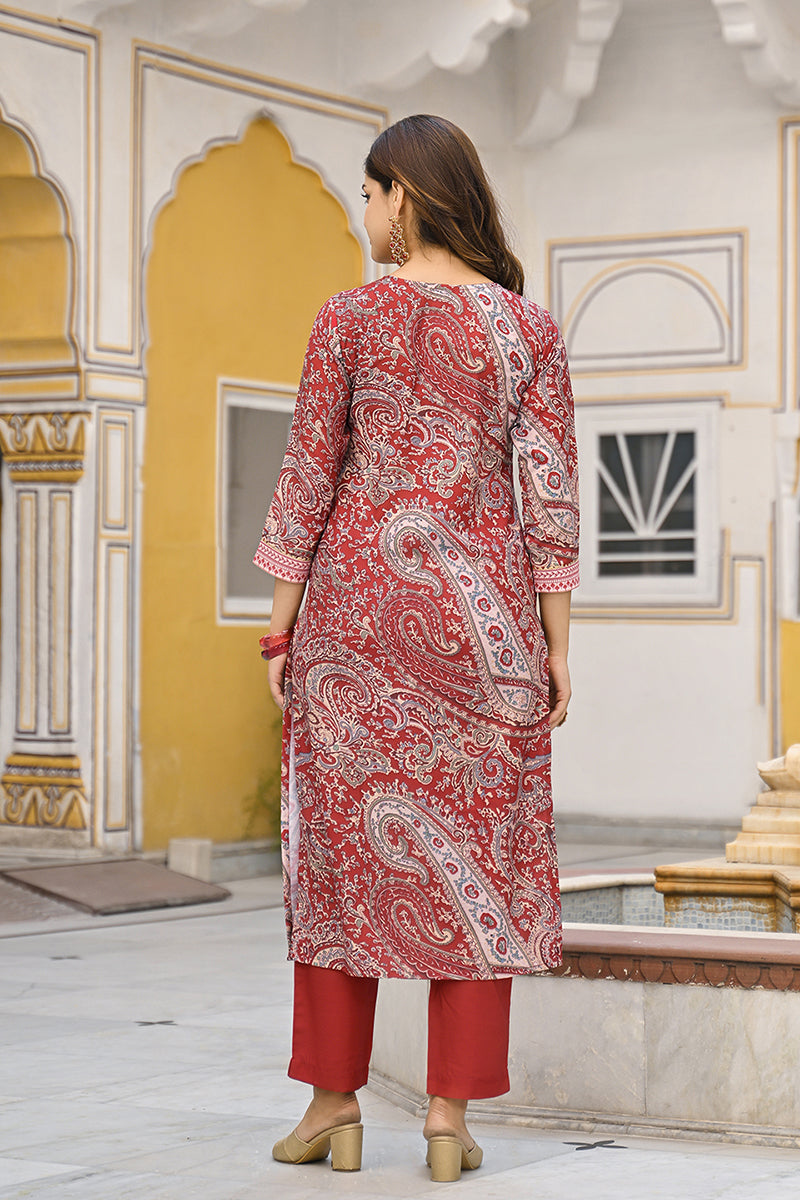 Red Rayon Blend Paisley Printed Straight Suit Set VKSKD2317