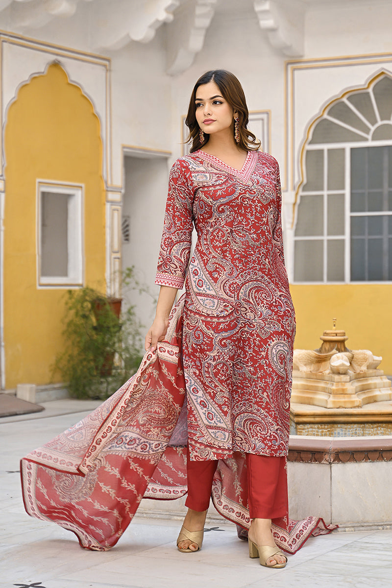 Red Rayon Blend Paisley Printed Straight Suit Set VKSKD2317