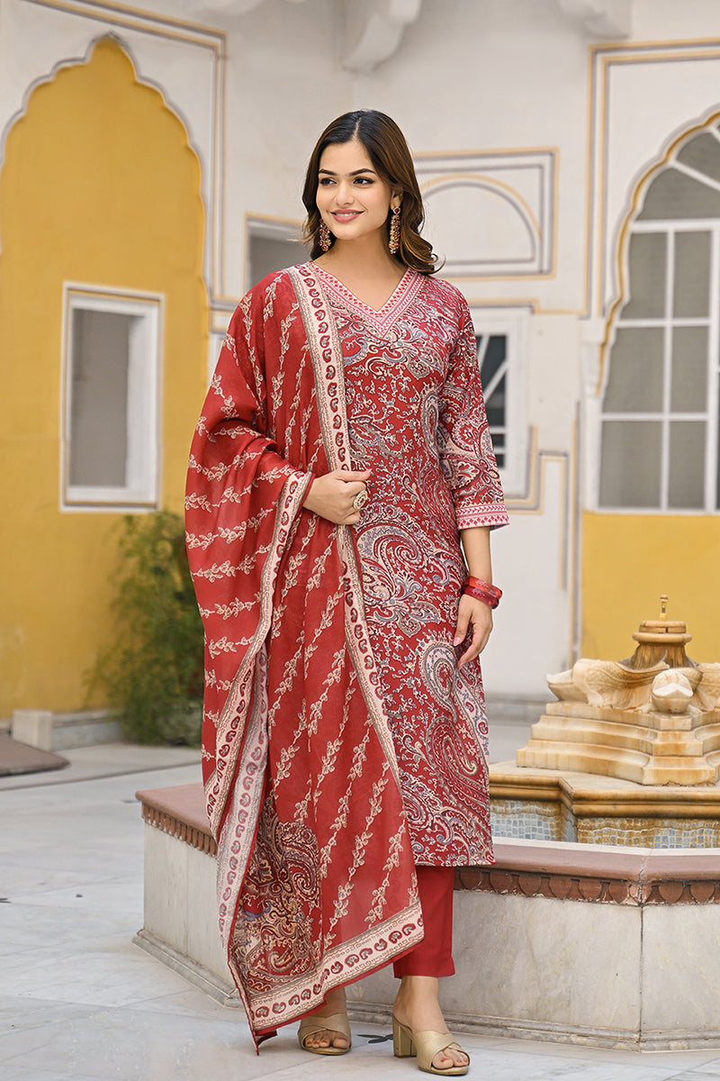 Red Rayon Blend Paisley Printed Straight Suit Set VKSKD2317