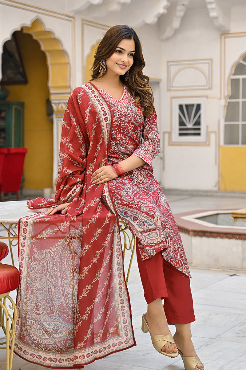 Red Rayon Blend Paisley Printed Straight Suit Set VKSKD2317