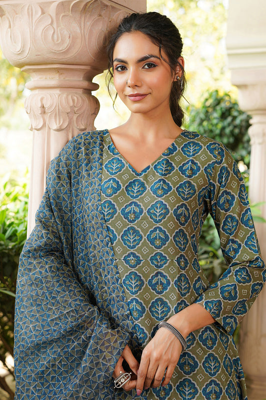 Olive Rayon Blend Floral Printed A-Line Kurta Palazzo With Dupatta VKSKD2329